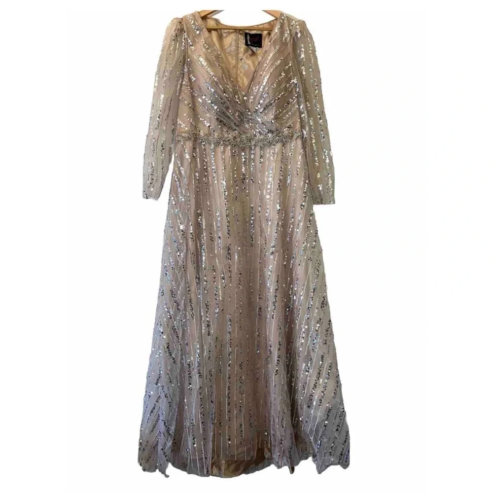 MAC DUGGAL 67859 dress maxi tan nude plus size 16 sequin wedding formal long NWT - Picture 4 of 15